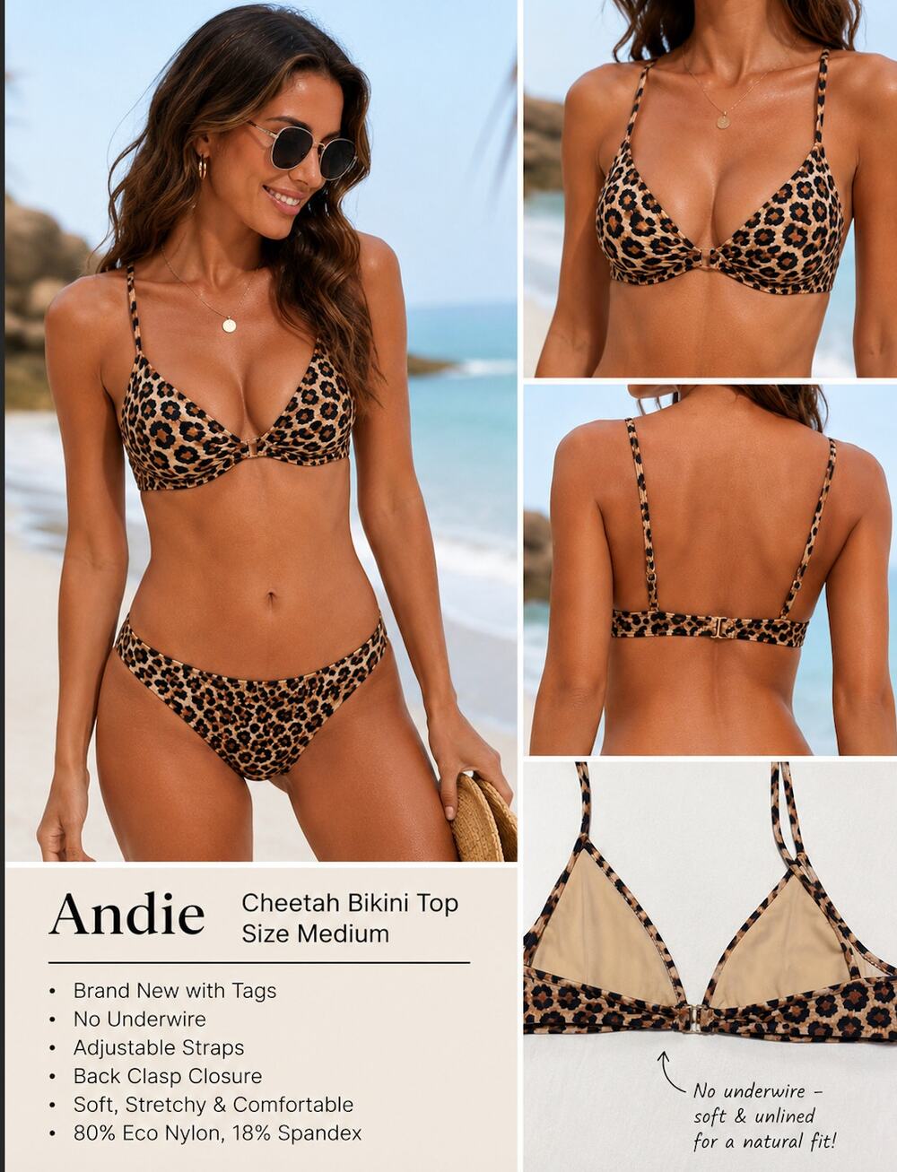 Andie NWT Womens Cheetah Wireless Bikini Top Medium